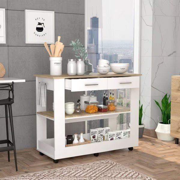 Cala Kitchen Island 46, Six Casters, Two Drawers, Lower Open Shelf, White/Light Oak, Tuhome, Mfr#: ABD5778