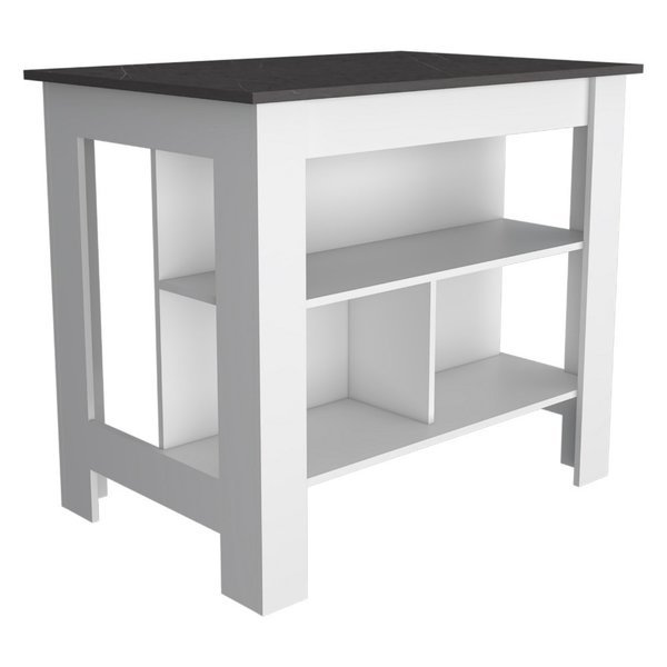 Cala Kitchen Island, Four Legs, Three Shelves, White/Onyx, Tuhome, Mfr#: ABX6535