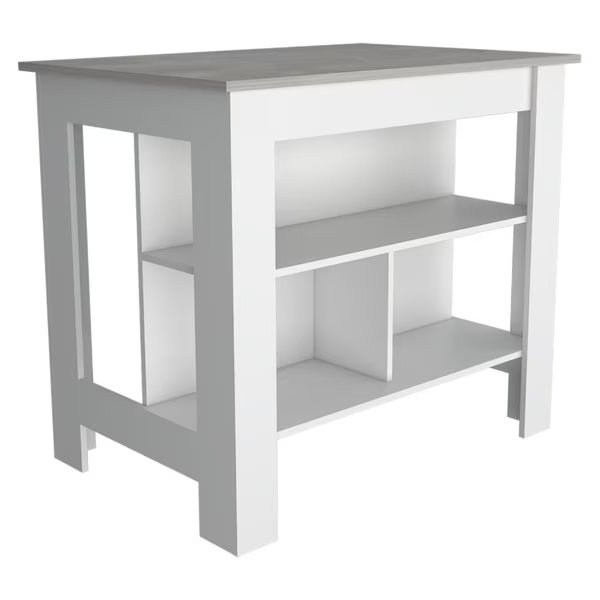 Cala Kitchen Island, Four Legs, Three Shelves, White/Ibiza Marble, Tuhome, Mfr#: ABZ6539