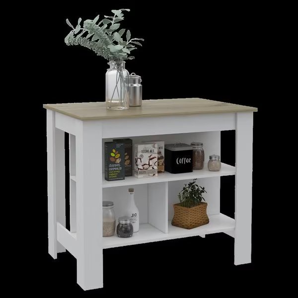 Cala Kitchen Island Antibacterial, Three Shelves, Four Legs, Light Oak/White, Tuhome, Mfr#: ADB5773