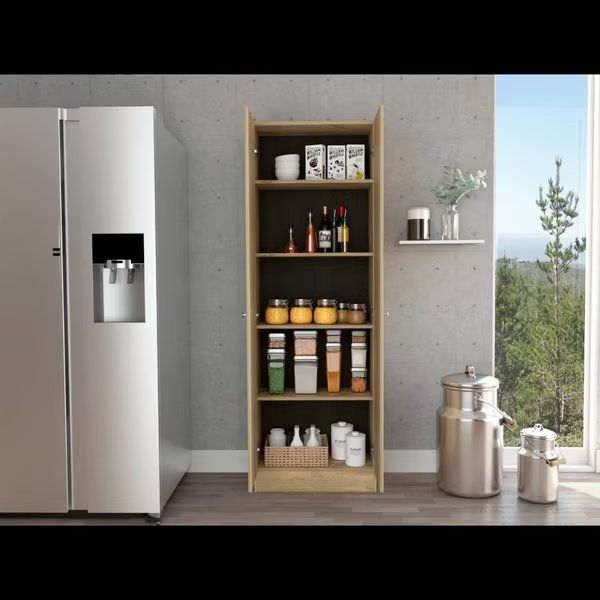 Multistorage Cabinet, Double Door, Five Shelves, Light Oak/Black, Tuhome, Mfr#: ADW6553