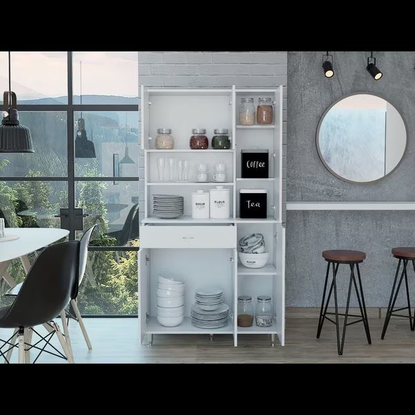 Della 90 Kitchen Pantry, One Drawer, Multiple Cabinets, Two Open Shelvess, White, Tuhome, Mfr#: ALB5614