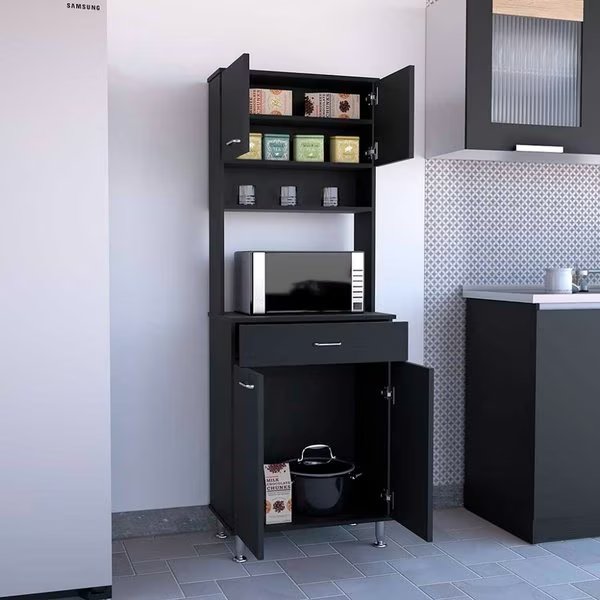 Della 60 Kitchen Pantry with Countertop, Closed & Open Storage, Black, Tuhome, Mfr#: ALW5544