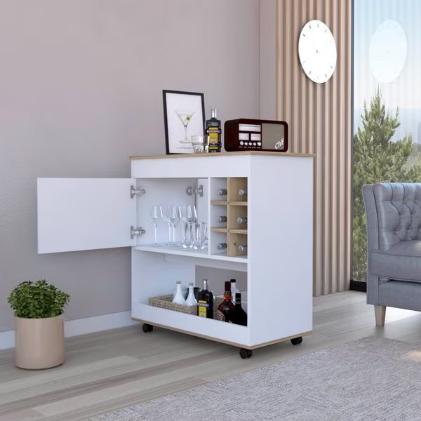 Camelia Bar Cart, Lower Panel, Six Bottle Cubbies, One Cabinet, Light Oak/White, Tuhome, Mfr#: BDB7116