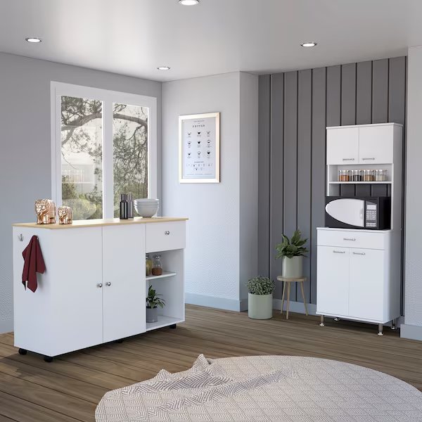 Campbell 2 Piece Kitchen Set, Kitchen Island, Pantry, White/Light Oak, Tuhome, Mfr#: CKIT64
