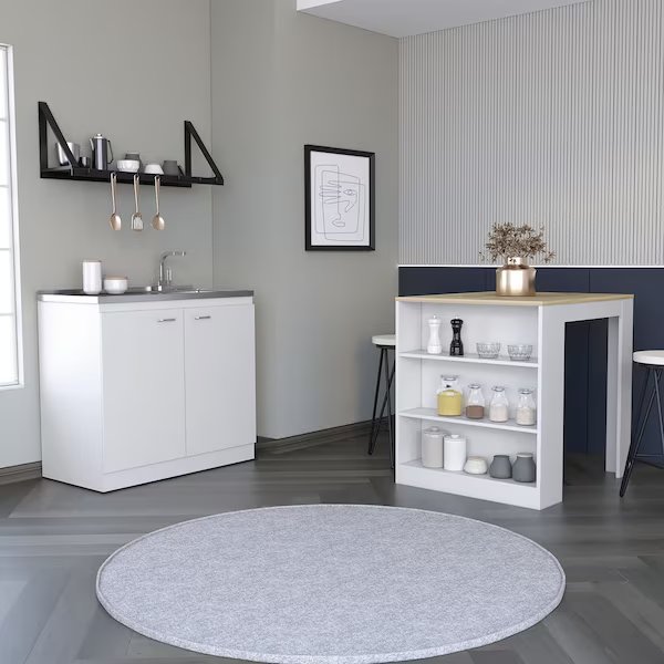 Covelo 2 Piece Kitchen Set, Utility Sink Cabinet, Kitchen Island, White/Light Oak, Tuhome, Mfr#: CKIT93