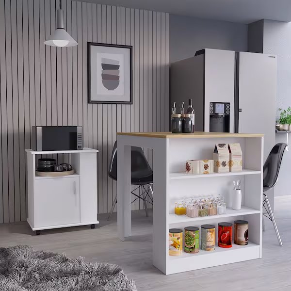 Farley 2 Piece Kitchen Set, Kitchen Island, Kitchen Cart, White/Light Oak, Tuhome, Mfr#: CKIT98