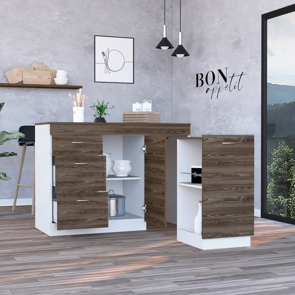 Grecia Kitchen Base Cabinet, Three Drawers, Two Internal Shelves, White/Dark Walnut, Tuhome, Mfr#: CLC6765