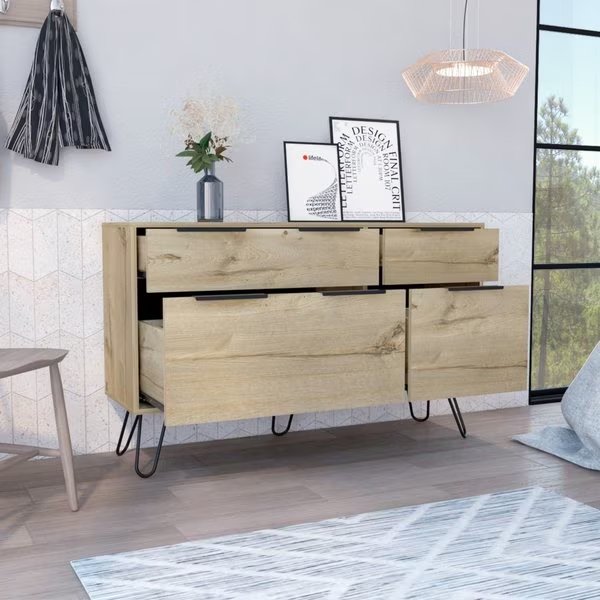 Augusta Double Dresser, Superior Top, Hairpin Legs, Four Drawers, Light Oak, Tuhome, Mfr#: CLD7039