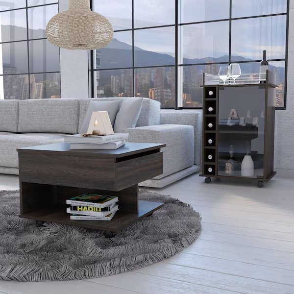 Riverside 2 Piece Living Room Set, Bar Cart, Coffee Table, Espresso, Tuhome, Mfr#: CLIV36
