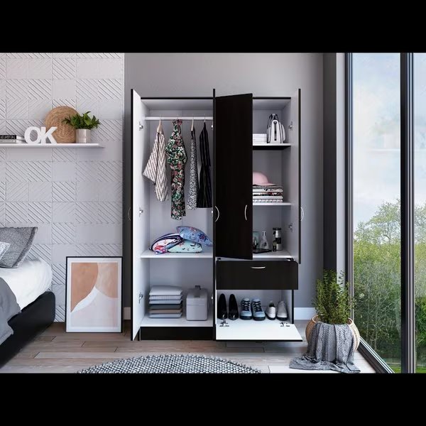Vaupes Armoire, Double Door Cabinet, One Drawer, Five Interior Shelves, Rod, Black/White, Tuhome, Mfr#: CLW5953