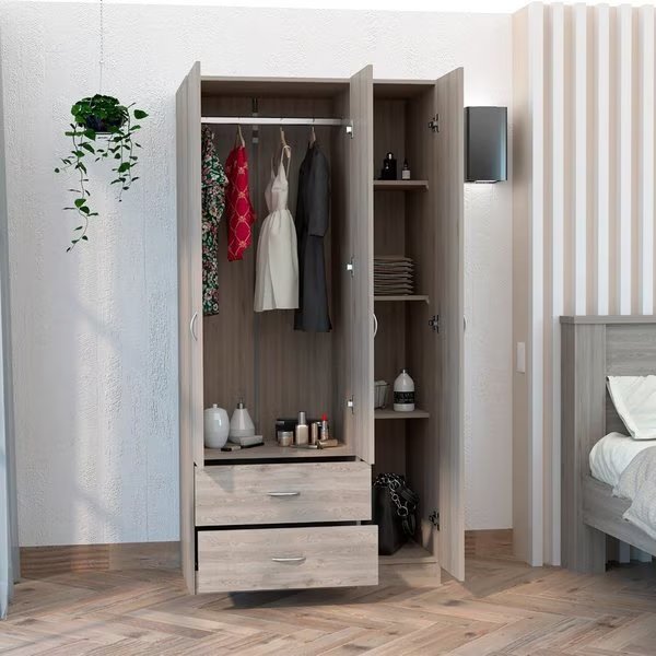 Austral 3 Door Armoire with Drawers, Shelves, and Hanging Rod, Light Gray, Tuhome, Mfr#: CLZ5534