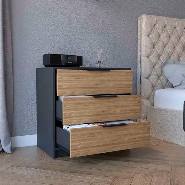 Kaia 3 Drawers Dresser, Superior Top, Black/Pine, Tuhome, Mfr#: CTA4224