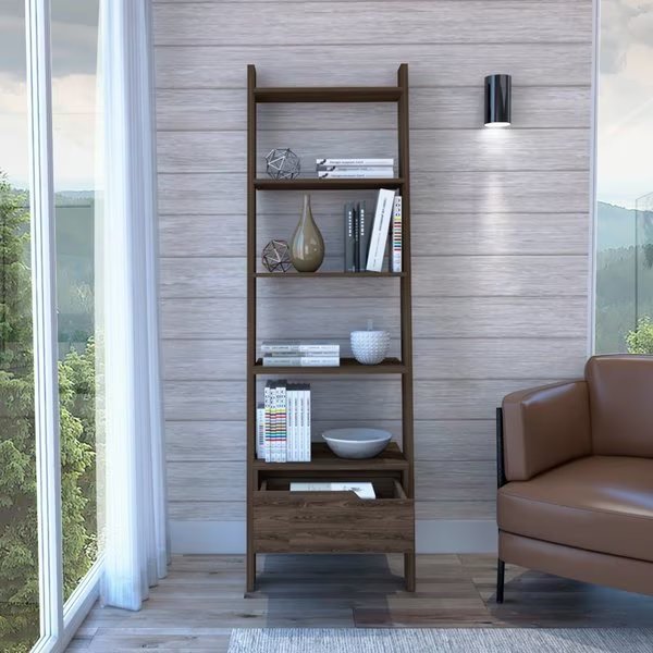 Oslo Ladder Bookcase, Four Legs, One Drawer, Five Open Shelves, Dark Walnut, Tuhome, Mfr#: ELC6710