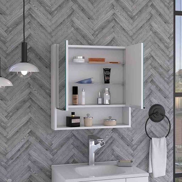 Jaspe Mirror Cabinet, Three Internal Shelves, One Open Shelf, Double Door Cabinet, White, Tuhome, Mfr#: GLB5550