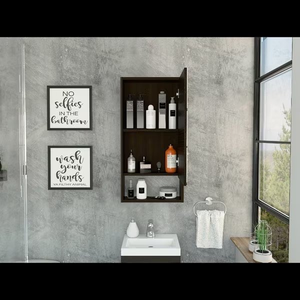 Mariana Medicine Cabinet, One External Shelf, Single Door Mirror Two Internal Shelves, Black, Tuhome, Mfr#: GLW5554