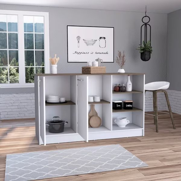 Ginger Kitchen Island, Three Open Shelves, Two Cabinets, White/Dark Brown, Tuhome, Mfr#: IBB7163