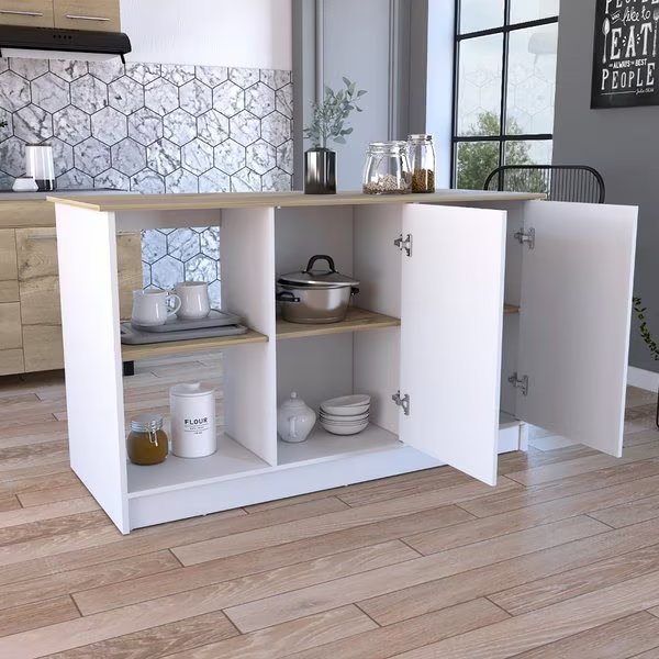 Juniper Kitchen Island, Four Open Shelves, Two Cabinets, Light Oak/White, Tuhome, Mfr#: IDB7164