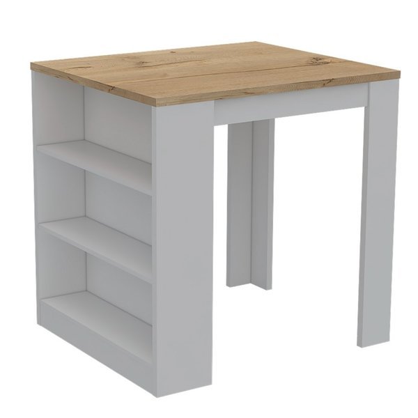 Tanna Kitchen Counter Dining Table, Two Legs, Three Side Shelves, White/Light Oak, Tuhome, Mfr#: MBD5459