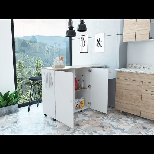 Kitchen Island Cart Victoria, 4 Interior Shelves, 6 Carters, Drawer, 2 Door Cabinet, White/Light Oak, Tuhome, Mfr#: MBD5461