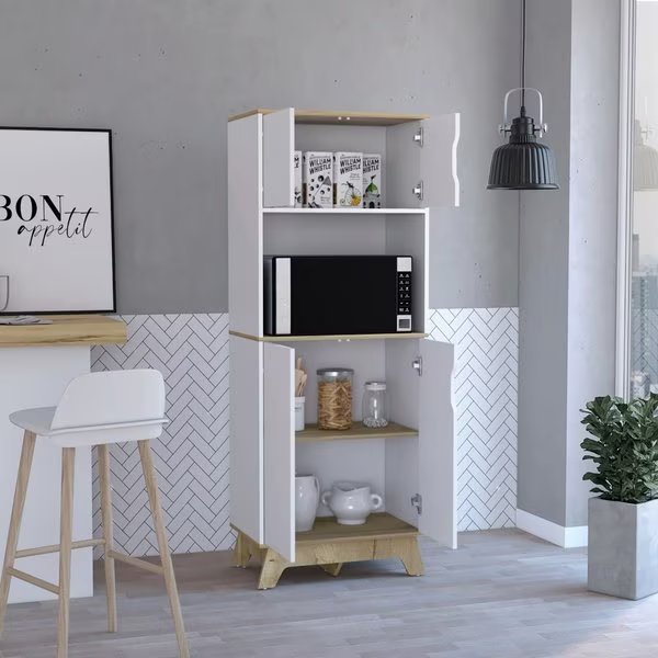 Pamplona Microwave Tall Cabinet Counter Surface, Top And Lower Double 2 Cabinets, Light Oak/White, Tuhome, Mfr#: MDB7161