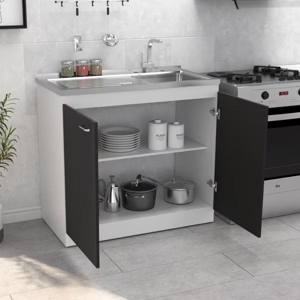Napoles Utility Sink With Cabinet, Double Door, One Shelf, White/Black, Tuhome, Mfr#: MIV4450