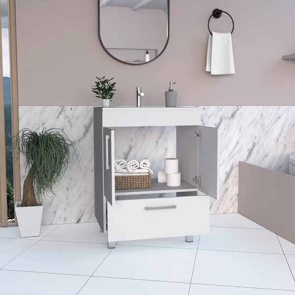 Velloc Single Bathroom Vanity, Double Door Cabinet, One Drawer, White, Tuhome, Mfr#: MLB6755