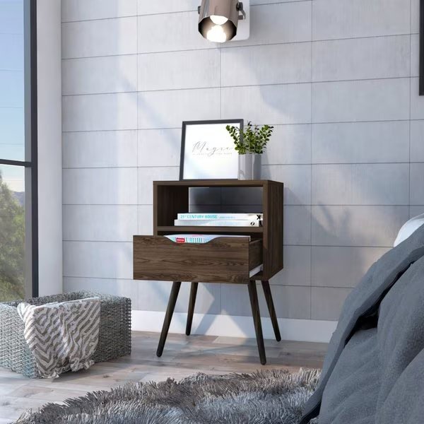 Otom Nightstand, Superior Top, One Open Shelf, One Drawer, Four Legs, Dark Walnut, Tuhome, Mfr#: MLC6731