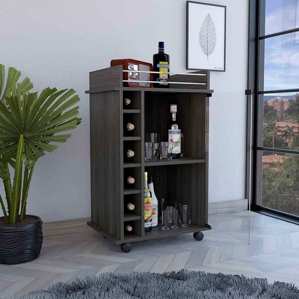 Dukat Bar Cart, Two Shelves, Six Built-in Wine Rack, Four Casters, Espresso, Tuhome, Mfr#: MLV4443