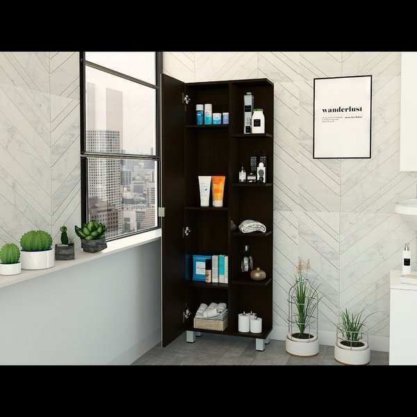 Urano Mirror Linen Cabinet, Four Interior Shelves, Five External Shelves, Black, Tuhome, Mfr#: MLW5548