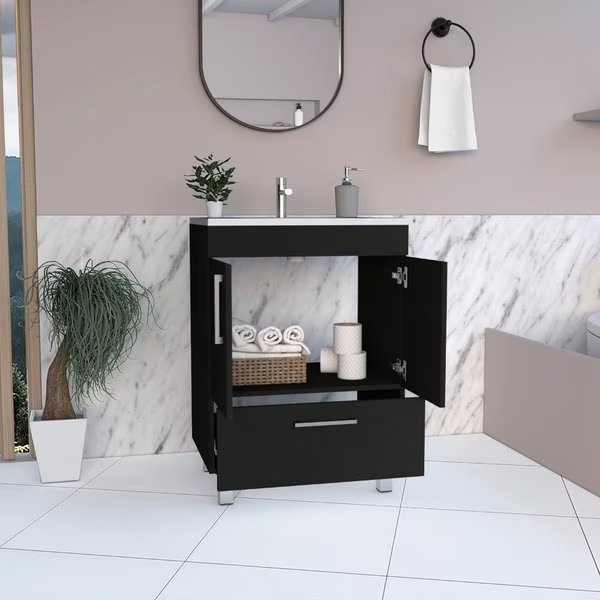 Velloc Single Bathroom Vanity, Double Door Cabinet, One Drawer, Black, Tuhome, Mfr#: MLW6756
