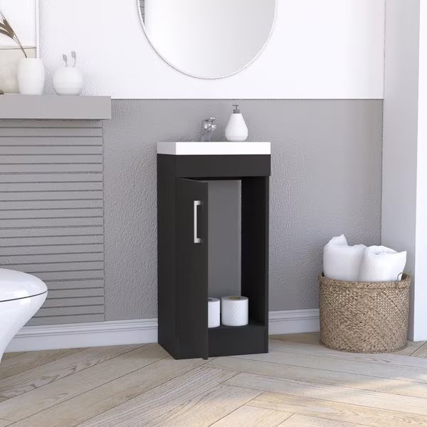 Madrid Bathroom Vanity Sink, Metal Handle, Single Door Cabinet, Black, Tuhome, Mfr#: MLW7952