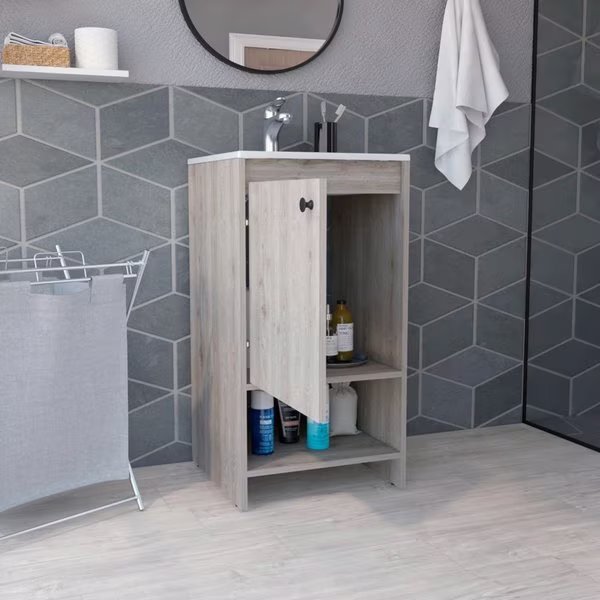 Jane Bathroom Vanity, Single Door Cabinet, Two Shelves, Light Gray, Tuhome, Mfr#: MLZ7132