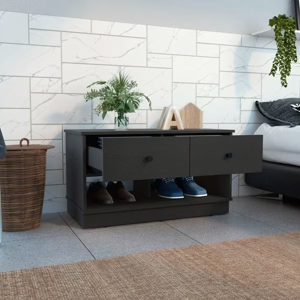 Hamilton Storage Bench, Two Open Shelves, Two Drawers, Black, Tuhome, Mfr#: ZLW7111
