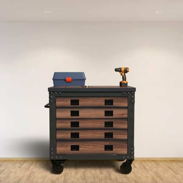Rolling Tool Chest, Wood Top, 5 Drawer, Brown/Gray, Steel, Wood, 36 in W x 20 in D x 37 in H, Duramax, Mfr#: 68006-N
