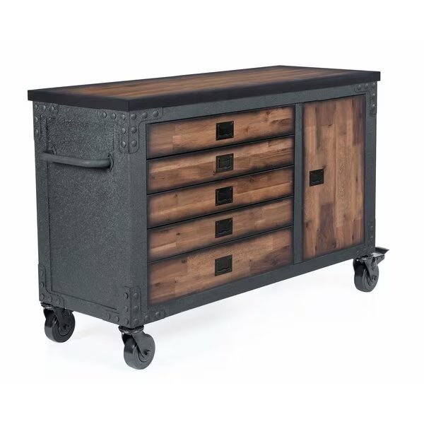 Rolling Tool Chest, Wood Top, 5 Drawer, Brown/Gray, Steel, Wood, 48 in W x 20 in D x 37 in H, Duramax, Mfr#: 68005-N