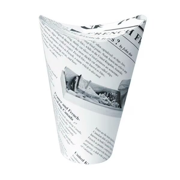 10 oz Happy Fries Newsprint Closable Perforated Snack Cup, 2.36 x 5.5 in., Packnwood, Mfr#: 210TPASK16