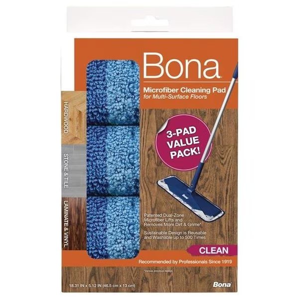 Bona 1017667 5.12 x 18.31 in. Cleaning Microfiber Mop Pad; Blue - Pack of 3, Bona, Mfr#: 1017667