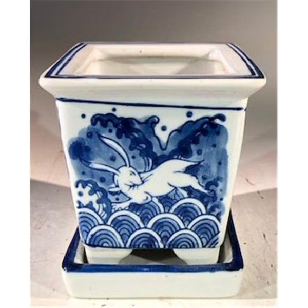 Porcelain Bonsai Pot with Attached Humidity Drip Tray, Blue & White - Square, Paisaje, Mfr#: PA2529757