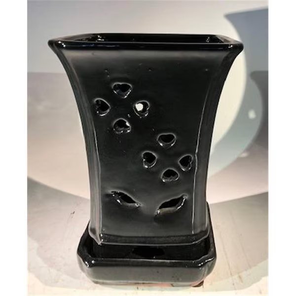 Ceramic Orchid Pot with Attached Humidity Drip Tray, Black - Square, Paisaje, Mfr#: PA2529853