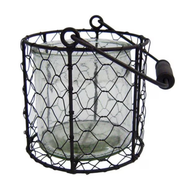 Rattan Round Glass Jar in Wire Basket, White - Small, Cheungs, Mfr#: 15S001WS