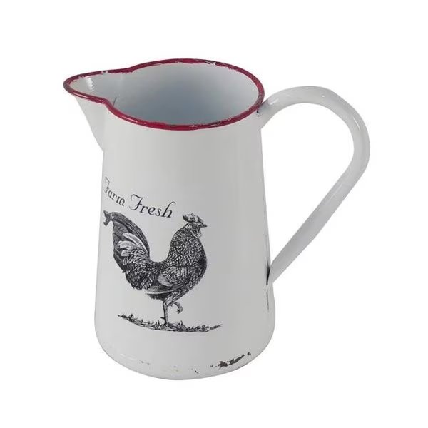 Cheungs 5021 White Lacquered Metal Pitcher Decor with Chicken Decal, Cheungs, Mfr#: 5021