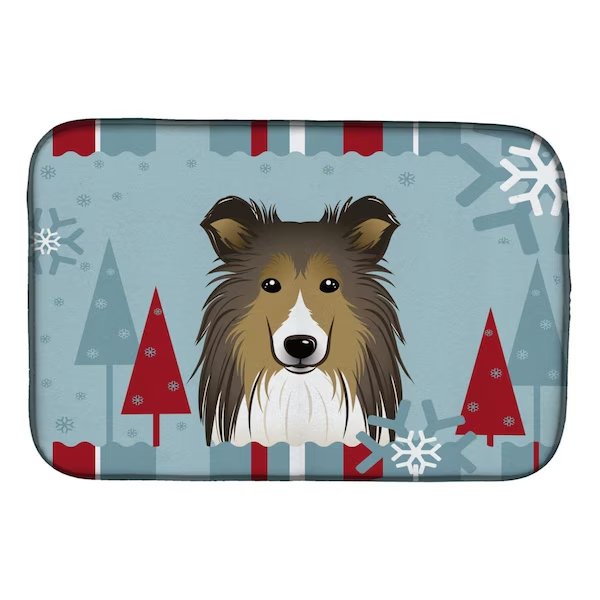 Winter Holiday Sheltie Dish Drying Mat