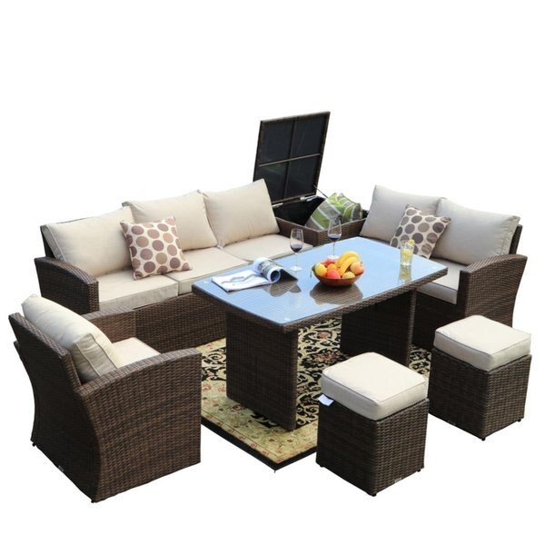 7 Piece Outdoor PE Rattan Wicker Patio Sofa Set with Wide Cabinet, Brown, Claustro, Mfr#: CL2566968