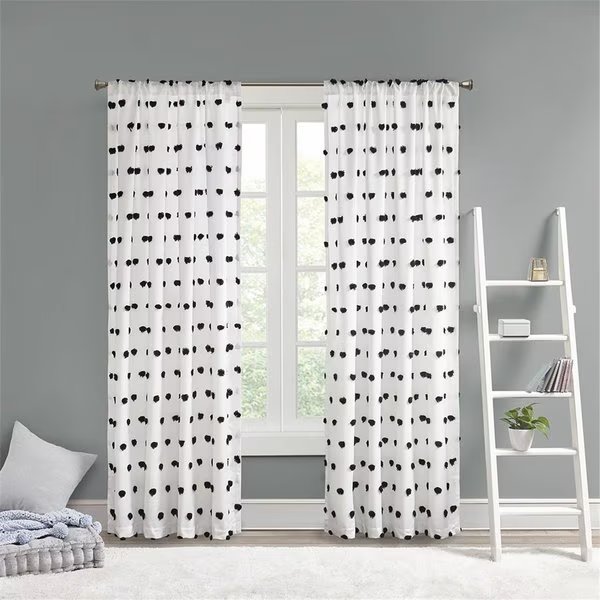 Black 100 Percent Polyester Pom Pom Embellished Window Panel, Intelligent Design, Mfr#: ID40-1798
