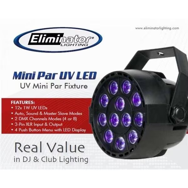 Eliminator Lighting Mini Par UV LED 12-1W UV LED Light, Eliminator Lighting, Mfr#: MINIPARUVLED