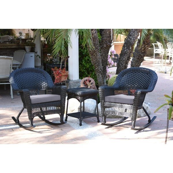 W00207R-D-2-RCES033 Black Rocker Wicker Chair Set with Steel Blue Cushion - 3 Piece, Jeco, Mfr#: W00207R-D_2-RCES033