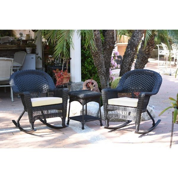 W00207R-D-2-RCES001 Black Rocker Wicker Chair Set with Ivory Cushion - 3 Piece, Propation, Mfr#: PR2436916
