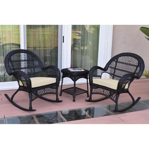 W00211-2-RCES001 Santa Maria Black Rocker Wicker Chair Set, Ivory Cushions - 3 Piece, Jeco, Mfr#: W00211_2-RCES001