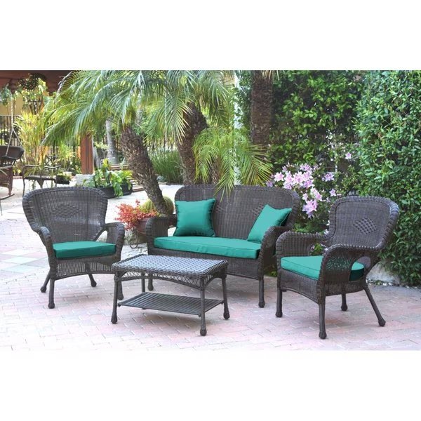 Windsor Espresso Wicker Conversation Set& #44; Turquoise Cushions - 4 Piece, Jeco, Mfr#: W00215-G-FS032